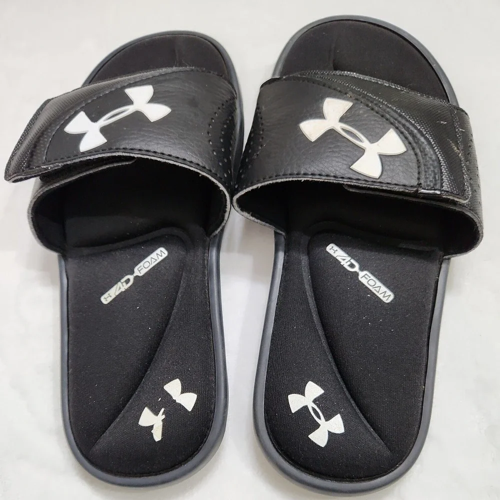 Under Armour Black 4D Foam Cushion Youth Kids Slides Sandals Logo Size 4Y EUC